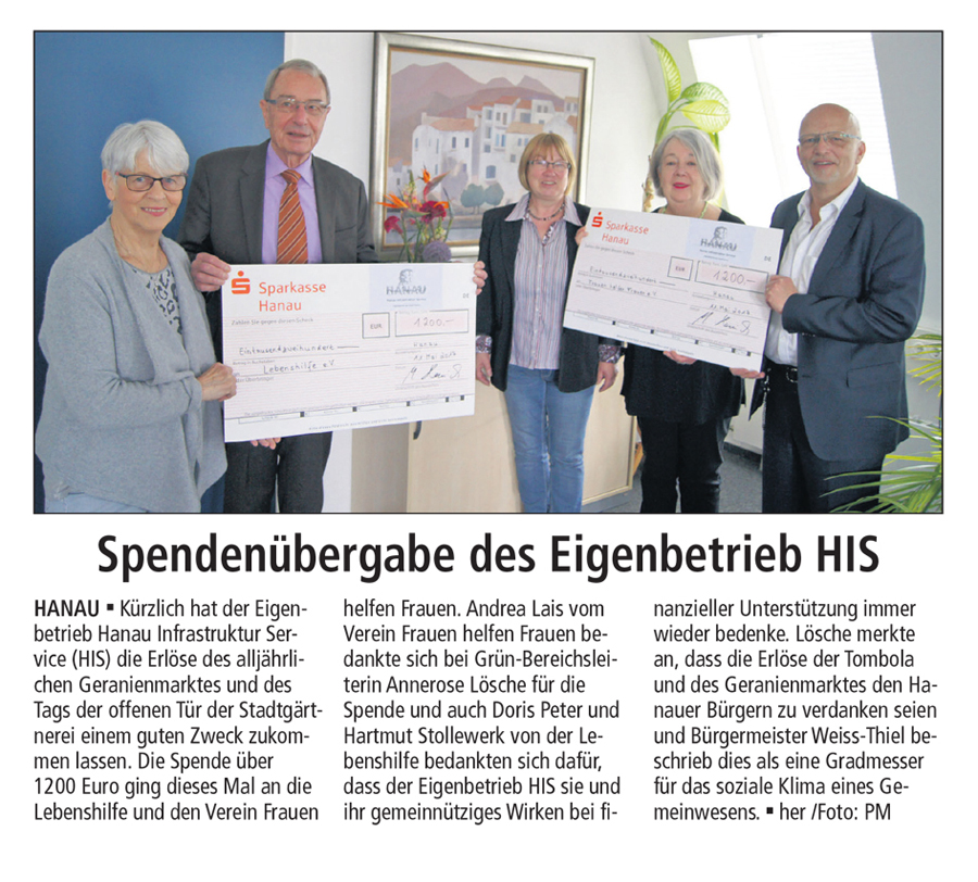 Hanauer Anzeiger Spendenübergabe HIS 07.06.2017