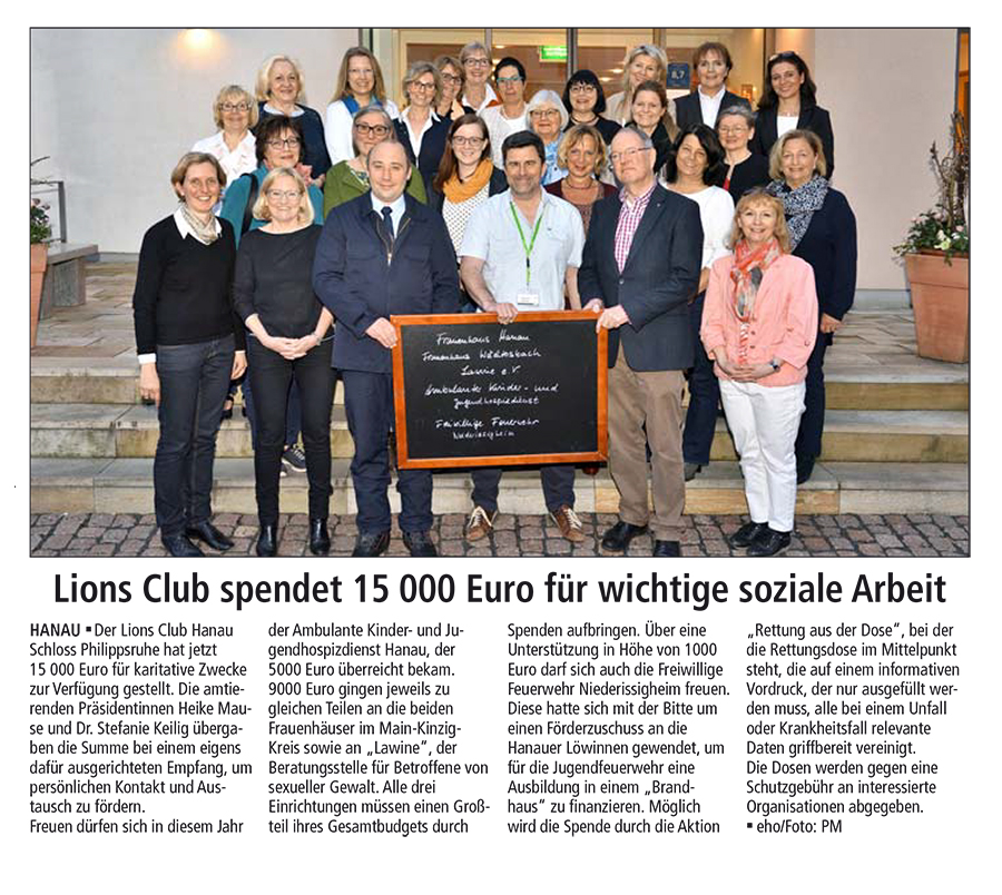 02.06.2018 HANAUER ANZEIGER Lions Spendenübergabe